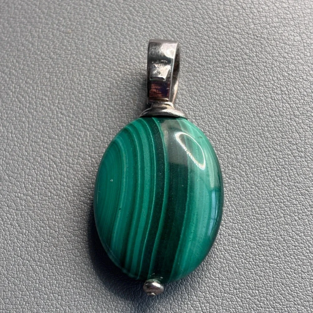 Vintage Malachite Sterling Oval Pendant Green 925 Silver 1.75